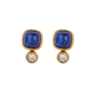 Vintage gold-plated stud earrings featuring a square blue stone and a clear round crystal