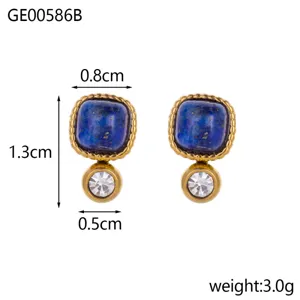 Macro view of vintage blue sugar cube stone stud earrings with detailed size measurements