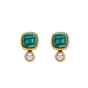 Vintage green malachite-style square stud earrings with clear round accent stones