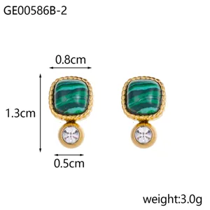 Detailed view of square malachite style earrings with size and weight measurements