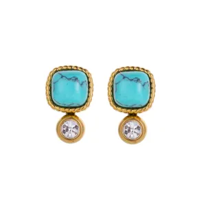 Detailed close-up of retro square turquoise stud earrings with gold trim and crystal.