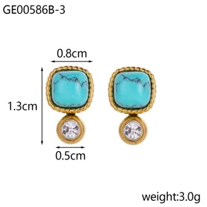 Square turquoise stone earrings with clear crystal drop and dimensions 1.3cm x 0.8cm