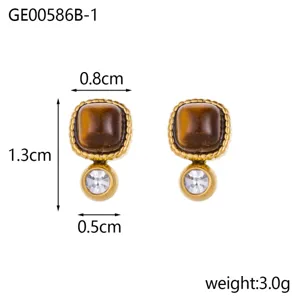 Vintage square tiger eye stud earrings with rhinestone accents, gold-plated finish, 3.0g