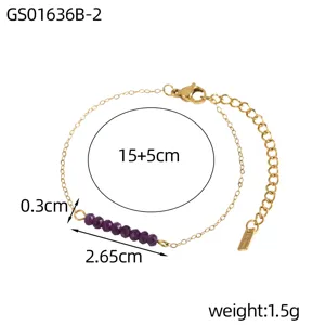 Detailed view of thin gold chain bracelet with faceted purple stones and dimensions