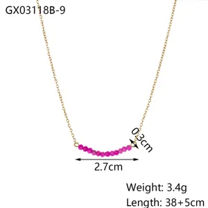 Detailed macro view of a pink gemstone bead necklace showing dimensions and weight info