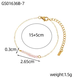 Detail view of simple gold chain bracelet with faceted pink natural stone beads and measurements
