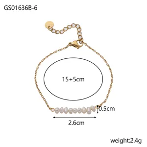 Detail showing dainty gold chain bracelet dimensions 15+5cm and pearl section length 2.6cm