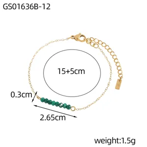 Detailed measurements of gold stainless steel bracelet with green natural stones