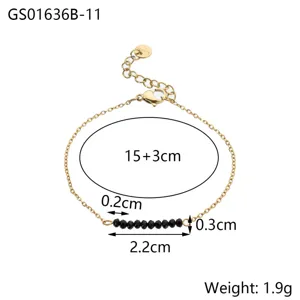 Detailed size diagram of gold chain bracelet with black faceted natural stones