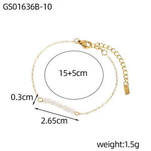 Close-up detail of a minimalist gold chain bracelet with natural white stone beads