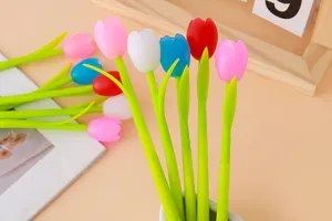 Vibrant close-up of colorful tulip-shaped soft rubber gel pens arranged in a desktop setting