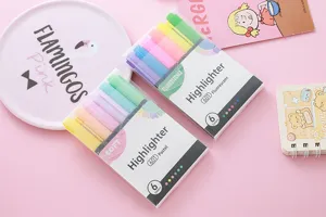 Detailaufnahme von 6-farbigen Pastell- und Leuchtmarkern in transparenter Verpackung