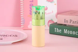 Set de 12 lápices de colores vibrantes en un tubo portátil con tapa sacapuntas