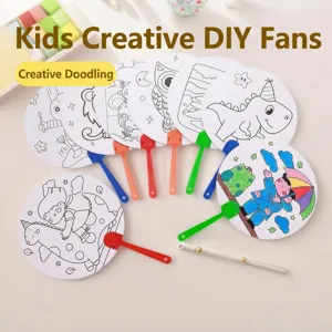 Juego de Abanico para Pintar de Papel y Plástico DIY para Niños Abanico Redondo de Dibujos Animados Juguete Educativo