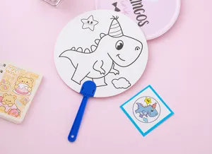 Children's DIY hand-painted fan featuring a cute cartoon dinosaur line art design