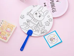 Detail view of DIY kids graffiti fan with cartoon rabbit outline and coloring guide.