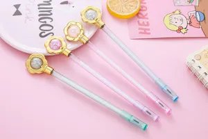 Close-up of cute flower gel pens with colorful crystal beads in candy-colored barrels