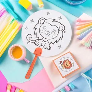 Abanico redondo DIY para niños con patrón de león para colorear de forma creativa