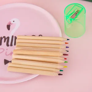 Set de lápices de colores de madera natural con sacapuntas en plato rosa con flamenco