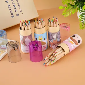 Juego de 12 mini lápices de colores en bonitos tubos de dibujos con sacapuntas integrado