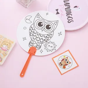 DIY children's coloring fan featuring a cute owl line drawing and orange handle
