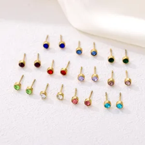 Exquisite Round Cut Zirconia Birthstone Stud Earrings Titanium Steel Vacuum Plated Geometric Mini Earrings For Unisex Daily Jewelry Gift