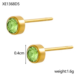 Minimalist gold-plated stud earrings featuring 0.4cm green cubic zirconia birthstones