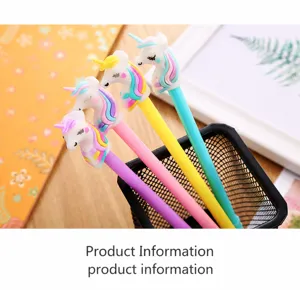 Detail view of colorful unicorn gel pens with soft cartoon character toppers