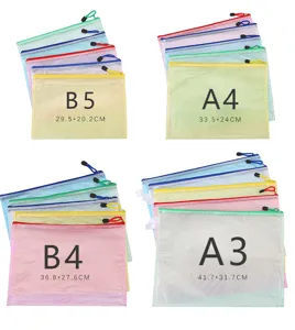 Assorted mesh zipper file bags in A3 A4 B4 B5 sizes showing precise CM measurements