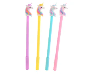 Set of 4 colorful cartoon unicorn gel pens in purple yellow blue and pink colors
