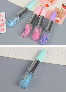 Detailed view of creative lipstick-shaped glitter gel pen with colorful liquid sequins
