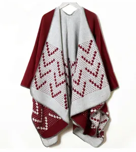 Châle en tricot jacquard pour femme avec motif géométrique bordeaux