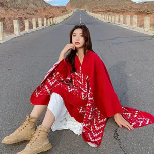 Châle Ethnique en Imitation Cachemire pour Femmes Jacquard Géométrique Poncho Ouvert Enveloppement Chaud Voyage Cape à Glands