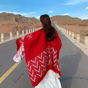 Élégant châle en tricot jacquard rouge et blanc pour les voyages d'automne et d'hiver