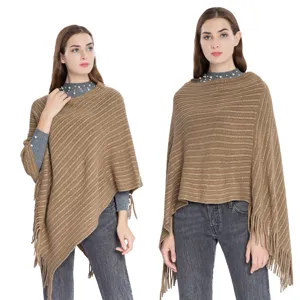 Poncho en Tricot Sans Manches Grande Taille pour Femmes Châle Fil d'Or Gland Cape en Acrylique Pull Top Automne Hiver