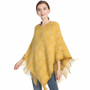 Damen Chenille Kariert Strick Poncho Schal Mit Quaste V-Ausschnitt Pullover Cape Warm Herbst Winter Top