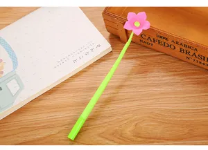 Close-up detail of creative silicone flower gel pen with pink blossom and green stem