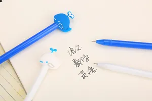 Macro view of cute cartoon whale silicone gel pens on a notebook for school students