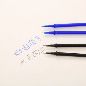 Blue and black erasable gel pen refills for students showing handwriting on paper.