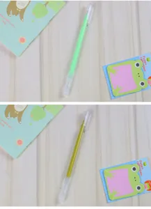 Detalle de bolígrafos de gel pastel verde neón y oro oliva para álbumes de recortes DIY lindos