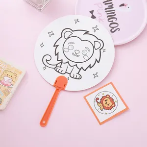 DIY coloring fan for kids with cute lion illustration and orange plastic handle