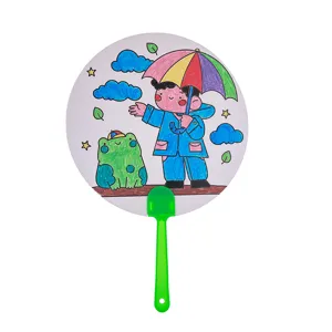 Children's DIY round hand fan with cute cartoon boy and frog coloring illustration for kids