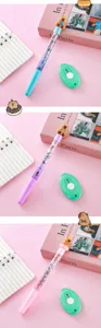 Vista dettagliata di simpatiche penne gel Capybara con glitter in blu, viola e rosa