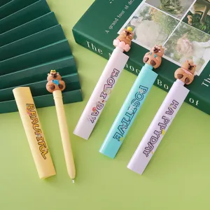 Set de 4 stylos gel Capybara mignons avec capuchons règle en couleurs pastel variées