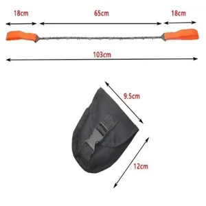 Taschen Kettensäge Detailansicht mit schwarzem Beutel und Abmessungen für Outdoor Camping.