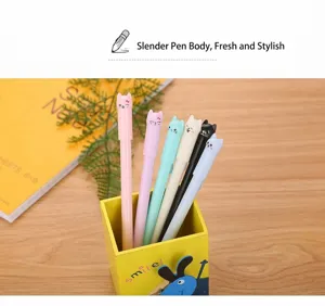 Close-up detail of cute cartoon cat gel pens in a colorful set for school and office