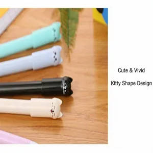 Close-up detail of cute cartoon cat shaped gel pen caps in various pastel colors