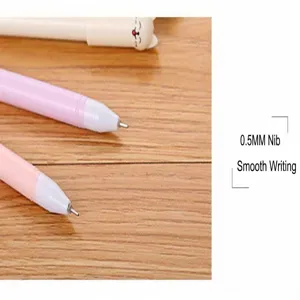 Macro detail showing the 0.5mm precision tip of a cute cartoon cat themed gel pen