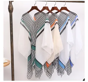 Lightweight sheer houndstooth sunscreen shawls in green orange and blue colors