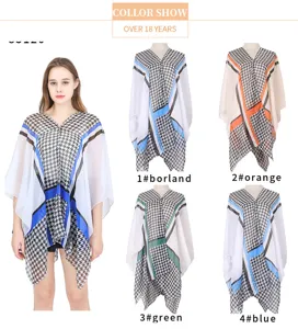 Showcase of color options for houndstooth print summer sunscreen shawl with pearl button.